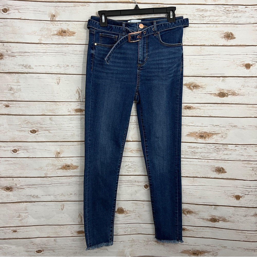 Loft Dark Wash Belted Raw Hem High Waist Skinny Jeans